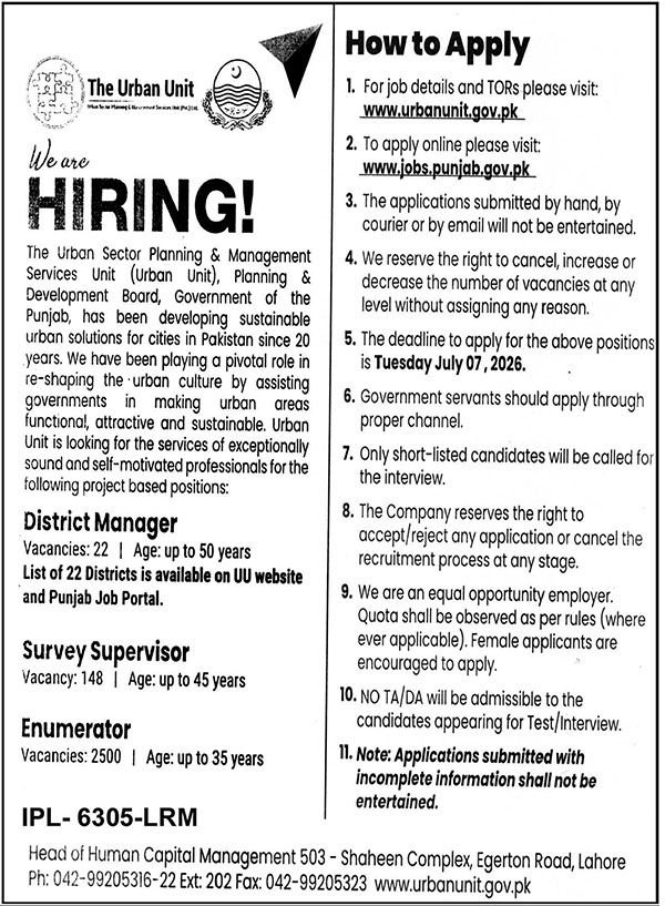 The Urban Unit Lahore Jobs 2026 — original advertisement