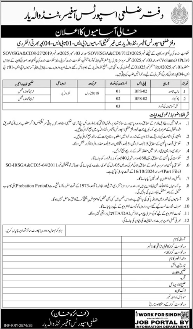 Sports Department Tando Allahyar Jobs 2026 — original advertisement