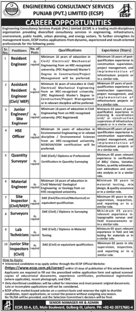 Engineering Consultancy Services Punjab ECSP Jobs 2026 — original advertisement