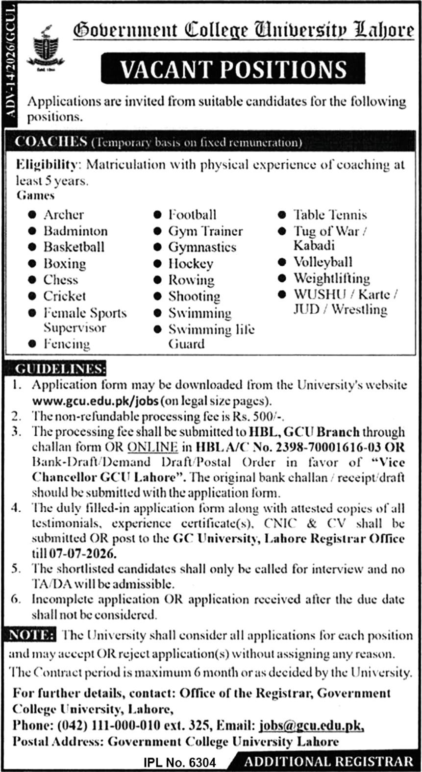 Government College University Lahore GCUL Jobs 2026 — original advertisement
