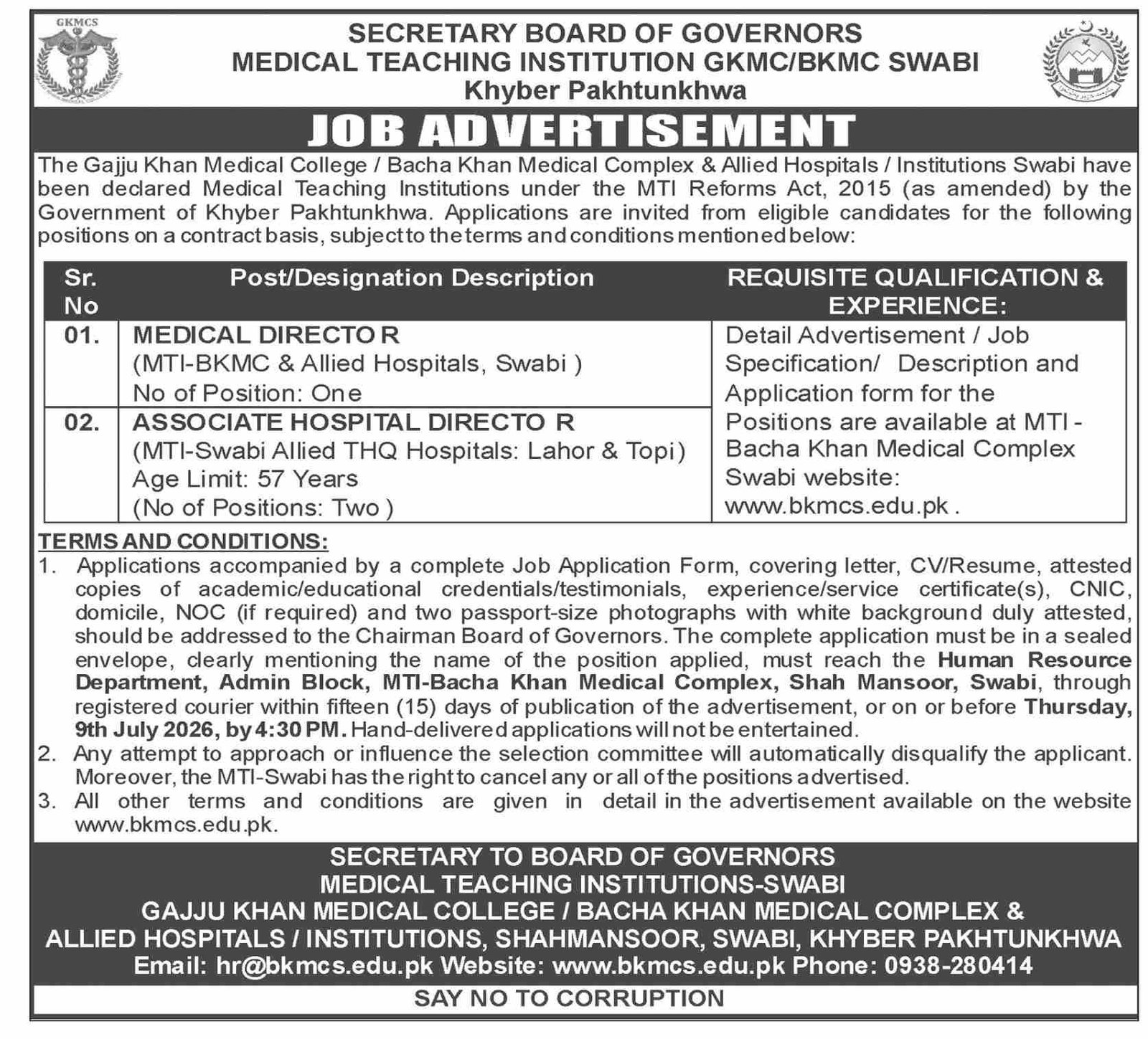 Bacha Khan Medical College BKMC MTI Jobs 2026 — original advertisement