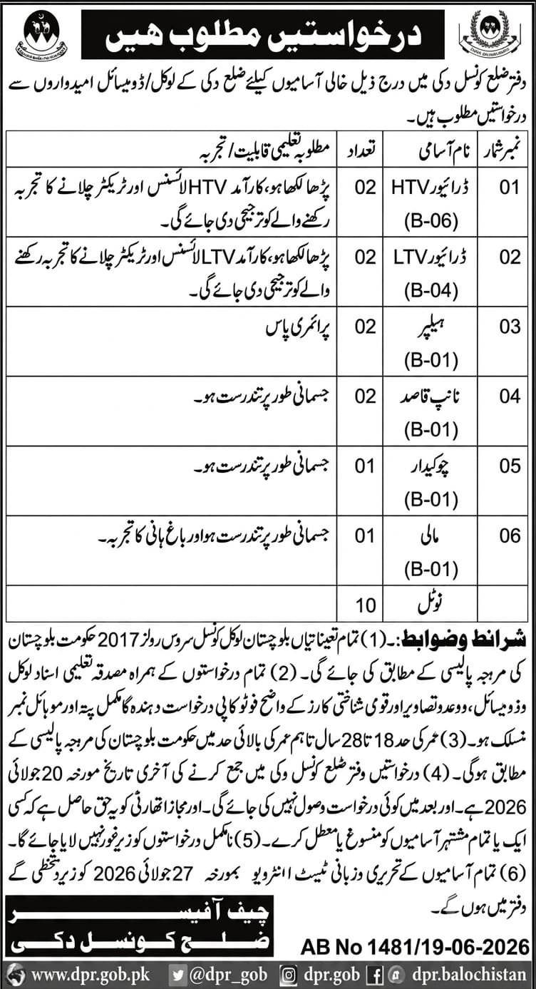 District Council Duki Balochistan Jobs 2026 — original advertisement