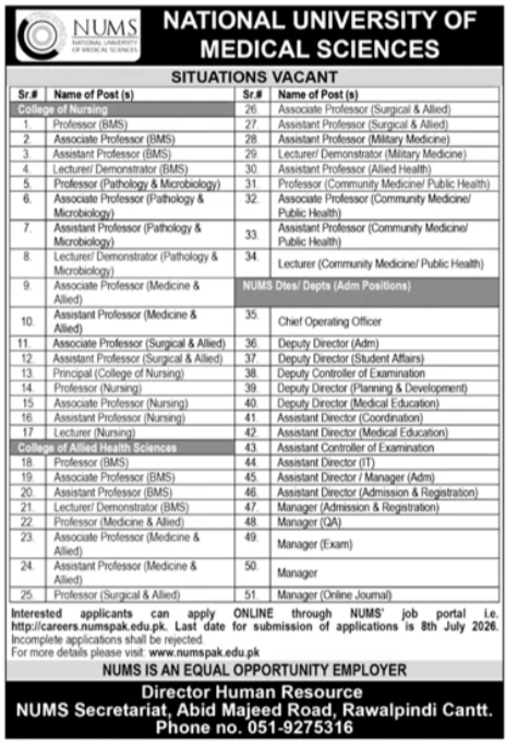 National University Of Medical Sciences NUMS Jobs — original advertisement