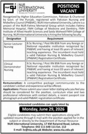 NUR International University Lahore Jobs 2026 — original advertisement