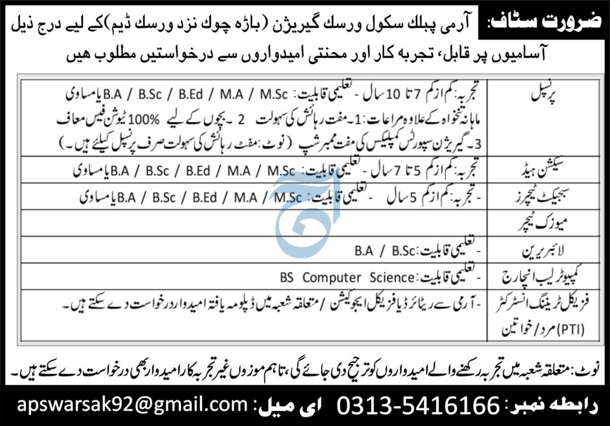 Army Public School APS Peshawar Jobs 2026 — original advertisement