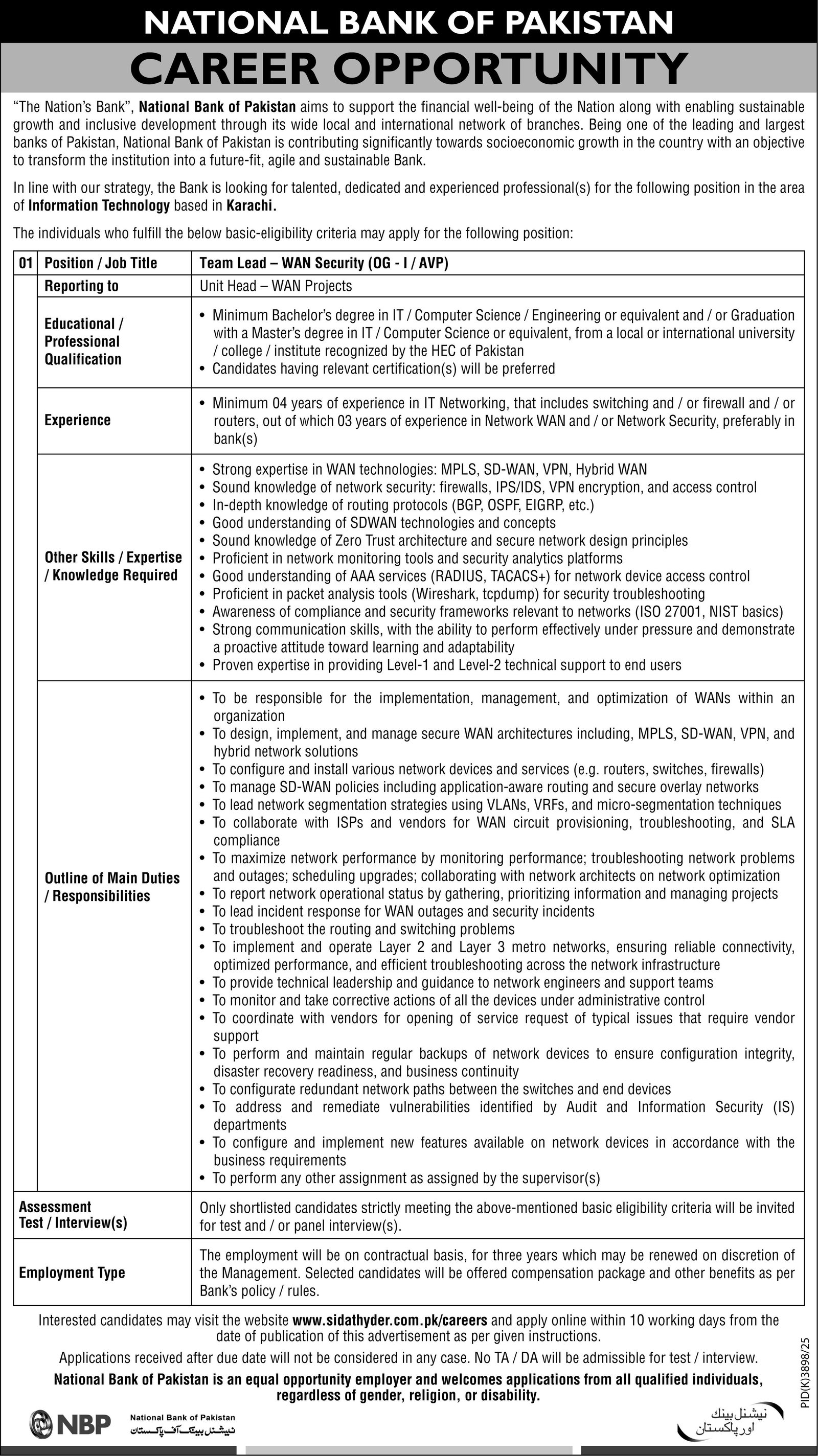 National Bank Of Pakistan NBP Karachi Jobs 2026 — original advertisement
