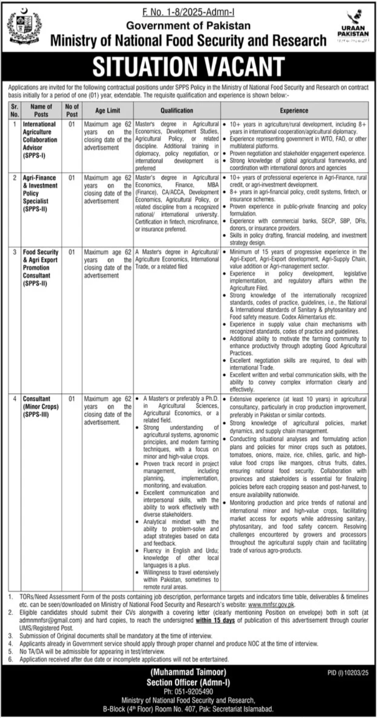 Ministry Of National Food Security & Research MNFSR Jobs — original advertisement