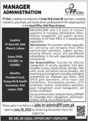 FF Steel Manufacturing Industry Lahore Job 2026 — original advertisement