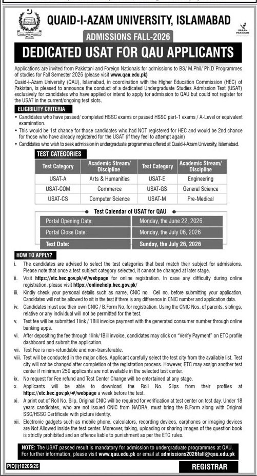 Admission Open In Quaid I Azam University Islamabad 2026 — original advertisement