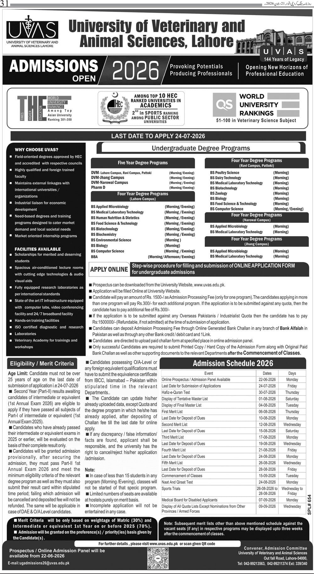 Admission Open in University of Punjab 2026 — original advertisement