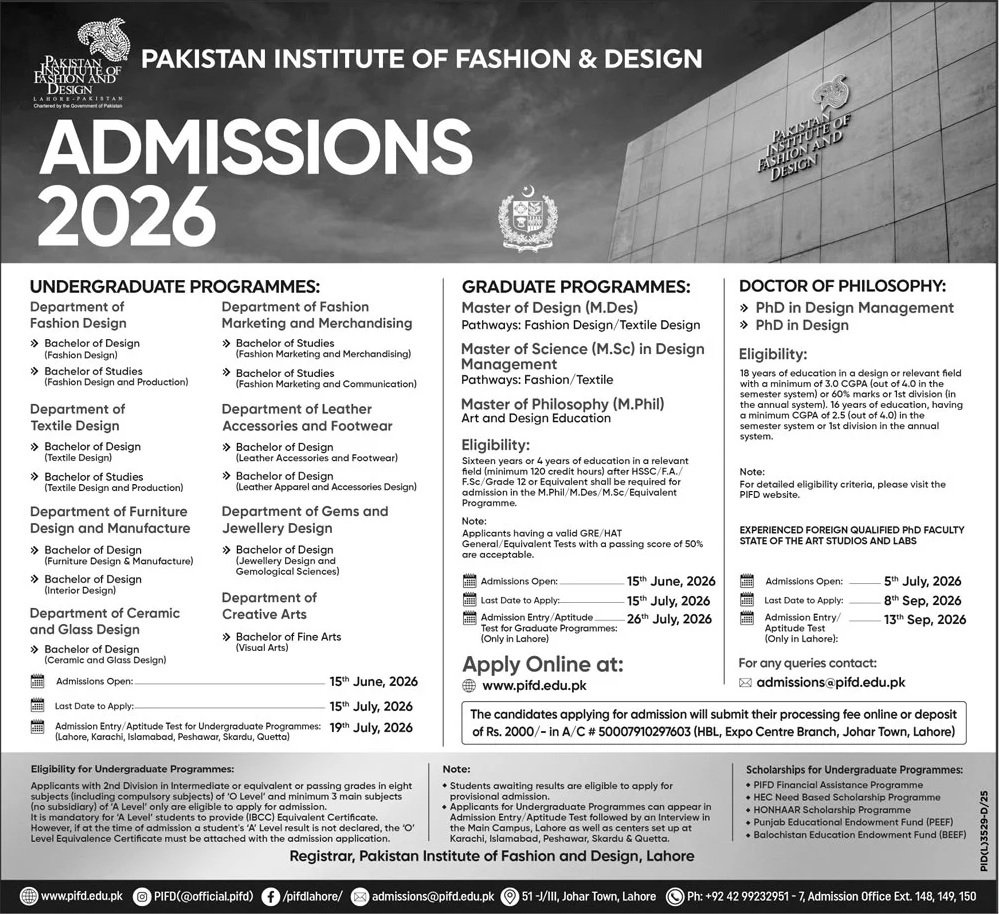 Admission Open in Pakistan Institute of Fashion Design — original advertisement