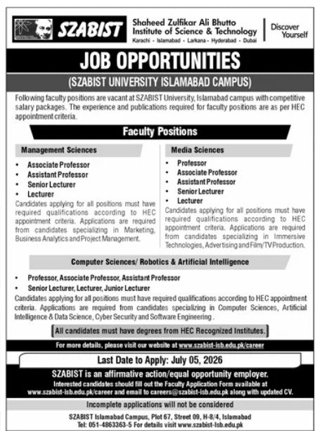 Shaheed Zulifiqar Ali Bhutto Institute of Science Jobs — original advertisement