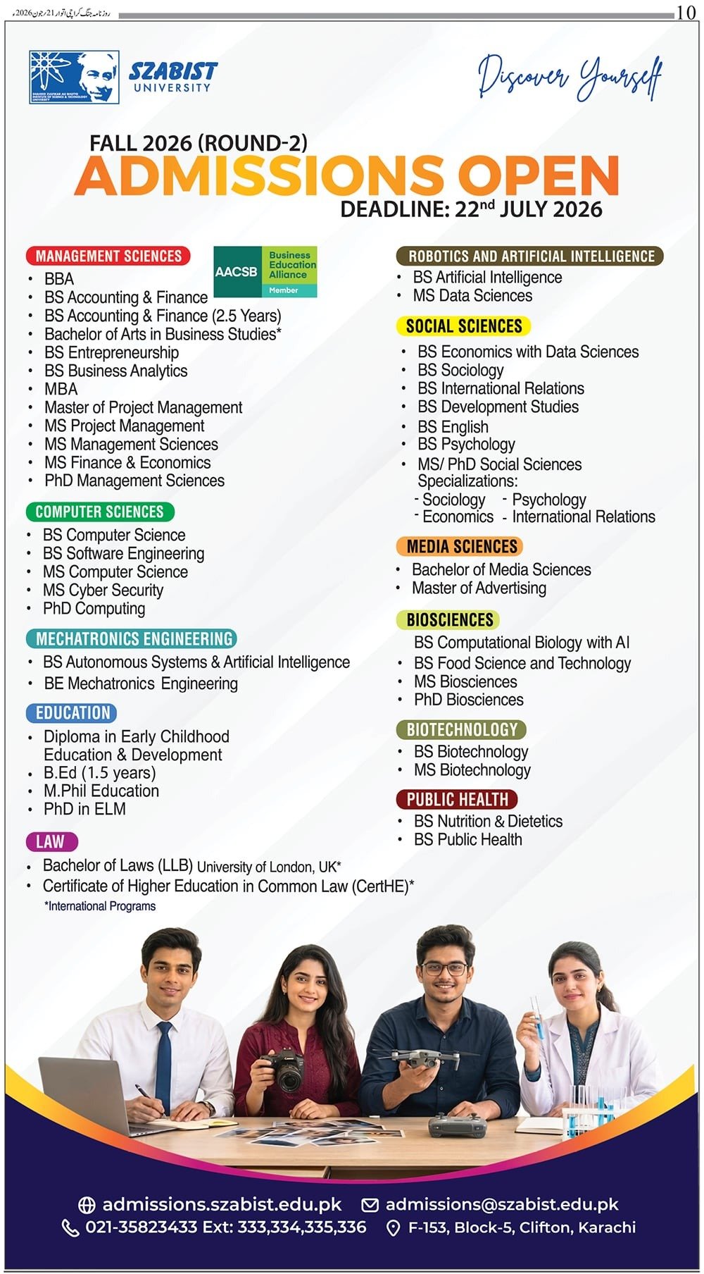 Admission Shaheed Zulifiqar Ali Bhutto Institute of Science — original advertisement