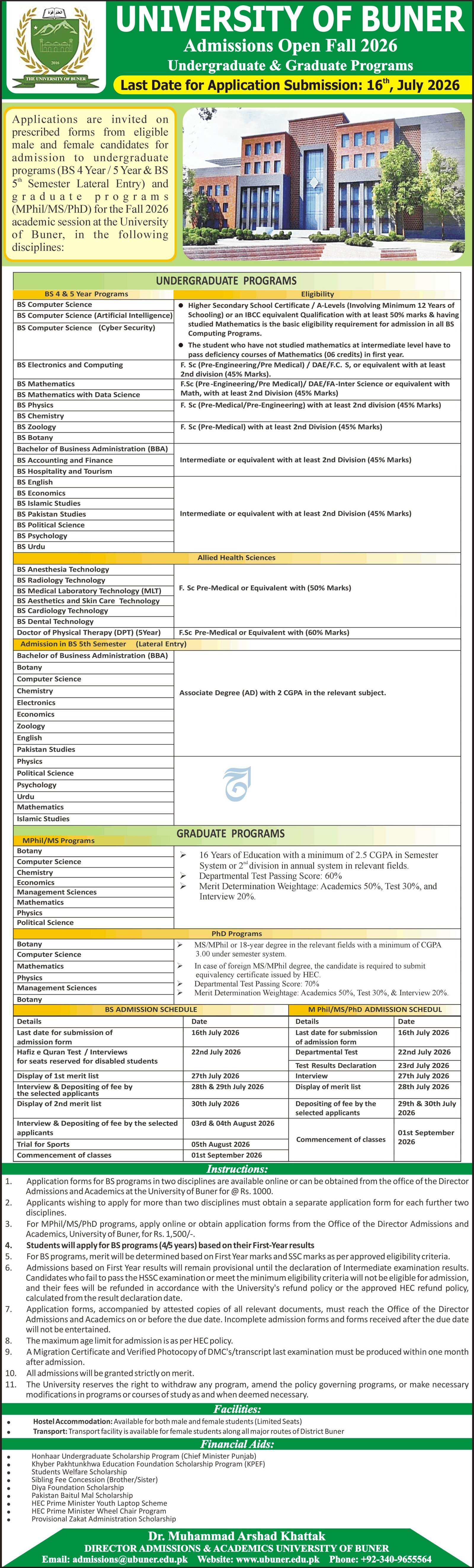 Admission Open in University of Buner 2026 — original advertisement