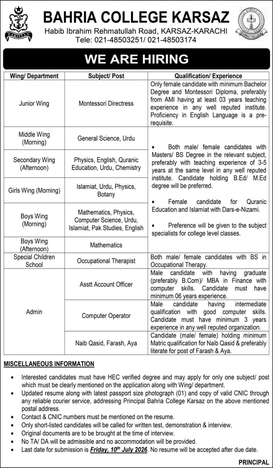 Bahria College Karsaz Karachi Jobs 2026 — original advertisement