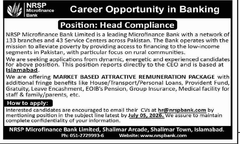 NRSP Microfinance Bank Limited Islamabad Jobs 2026 — original advertisement