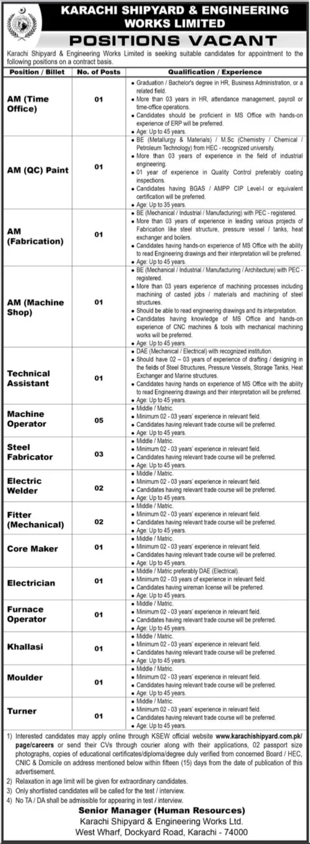 Karachi Shipyard And Engineering Works Limited Jobs 2026 — original advertisement