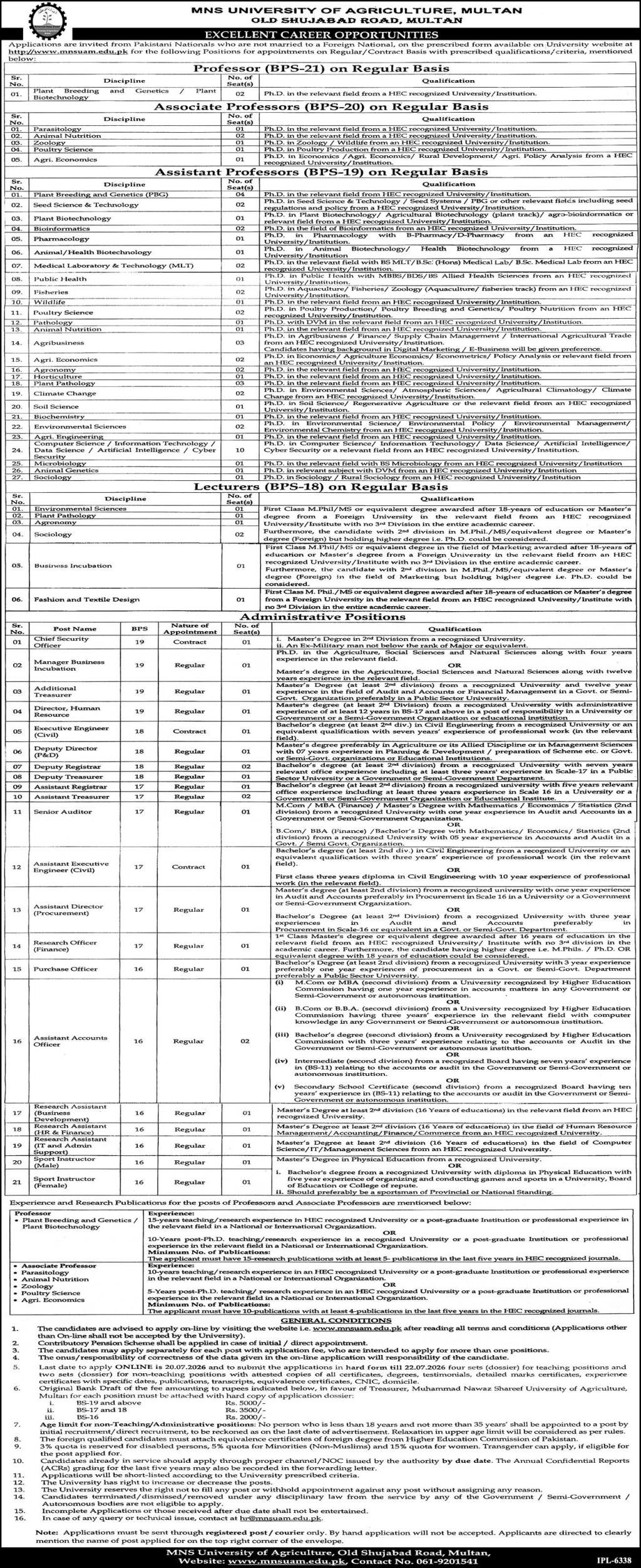 Mns University of Agriculture Multan Punjab Jobs 2026 — original advertisement