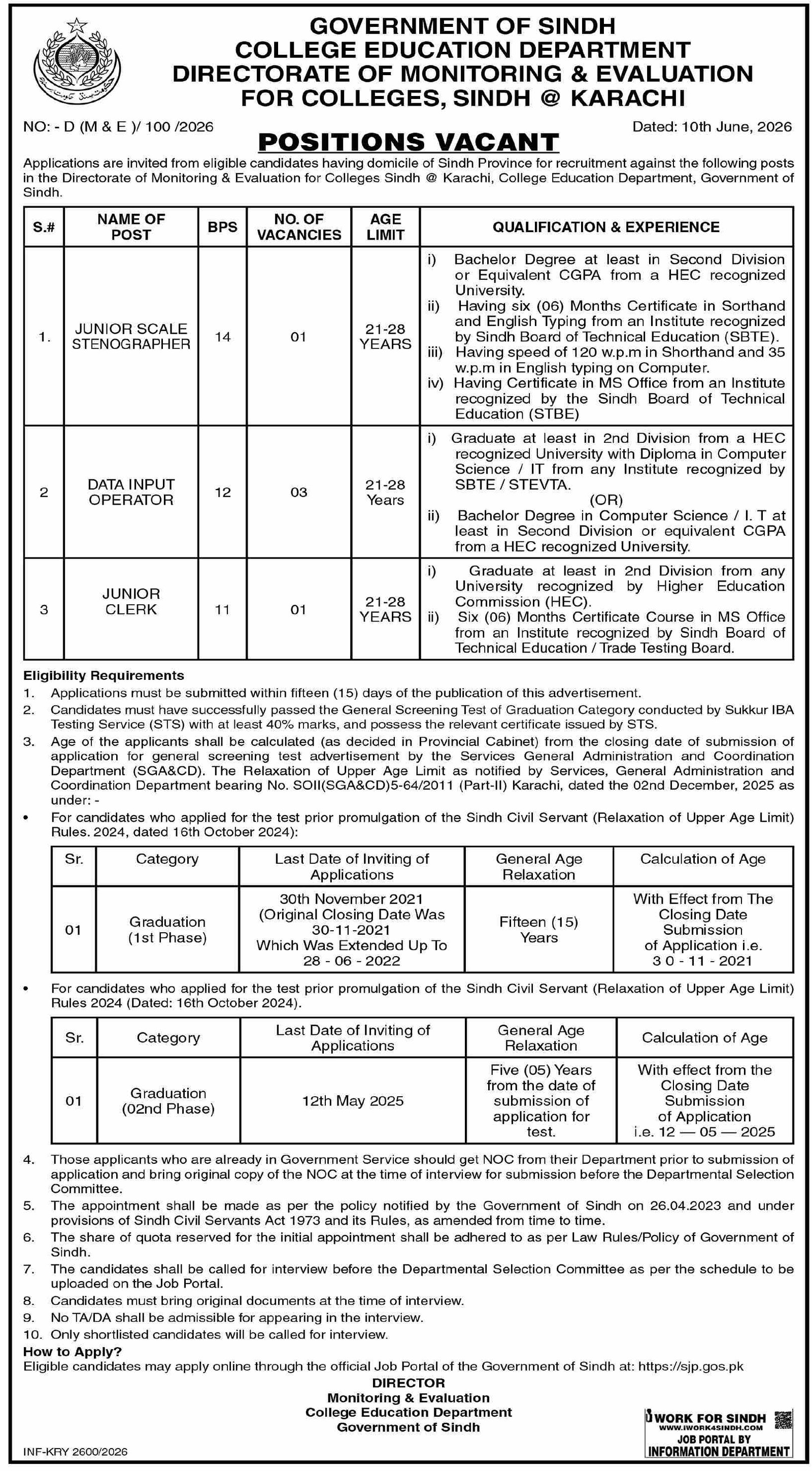 College Education Department Karachi Jobs 2026 — original advertisement