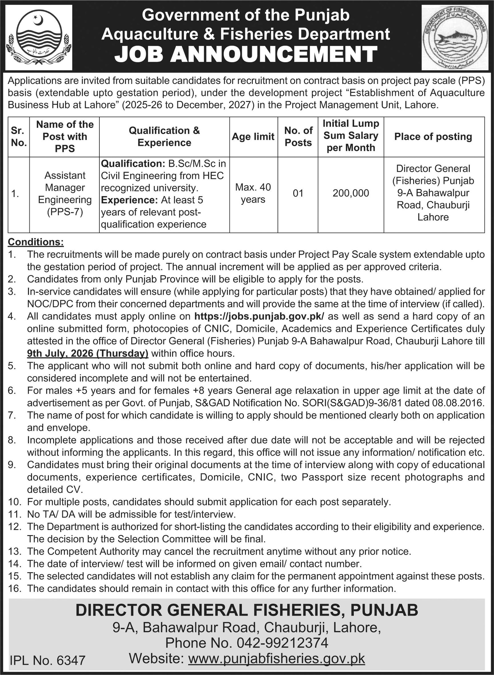 Aquaculture & Fisheries Department Lahore Job 2026 — original advertisement