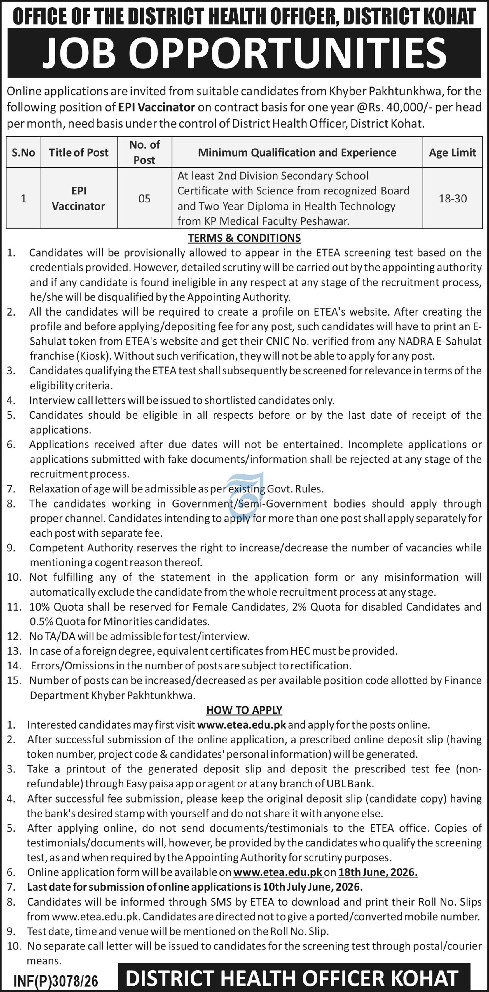 Office Of District Health Officer Kohat Job 2026 — original advertisement