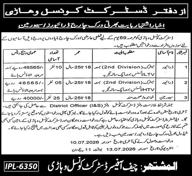 District Council DC Vehari Jobs 2026 For Drivers — original advertisement