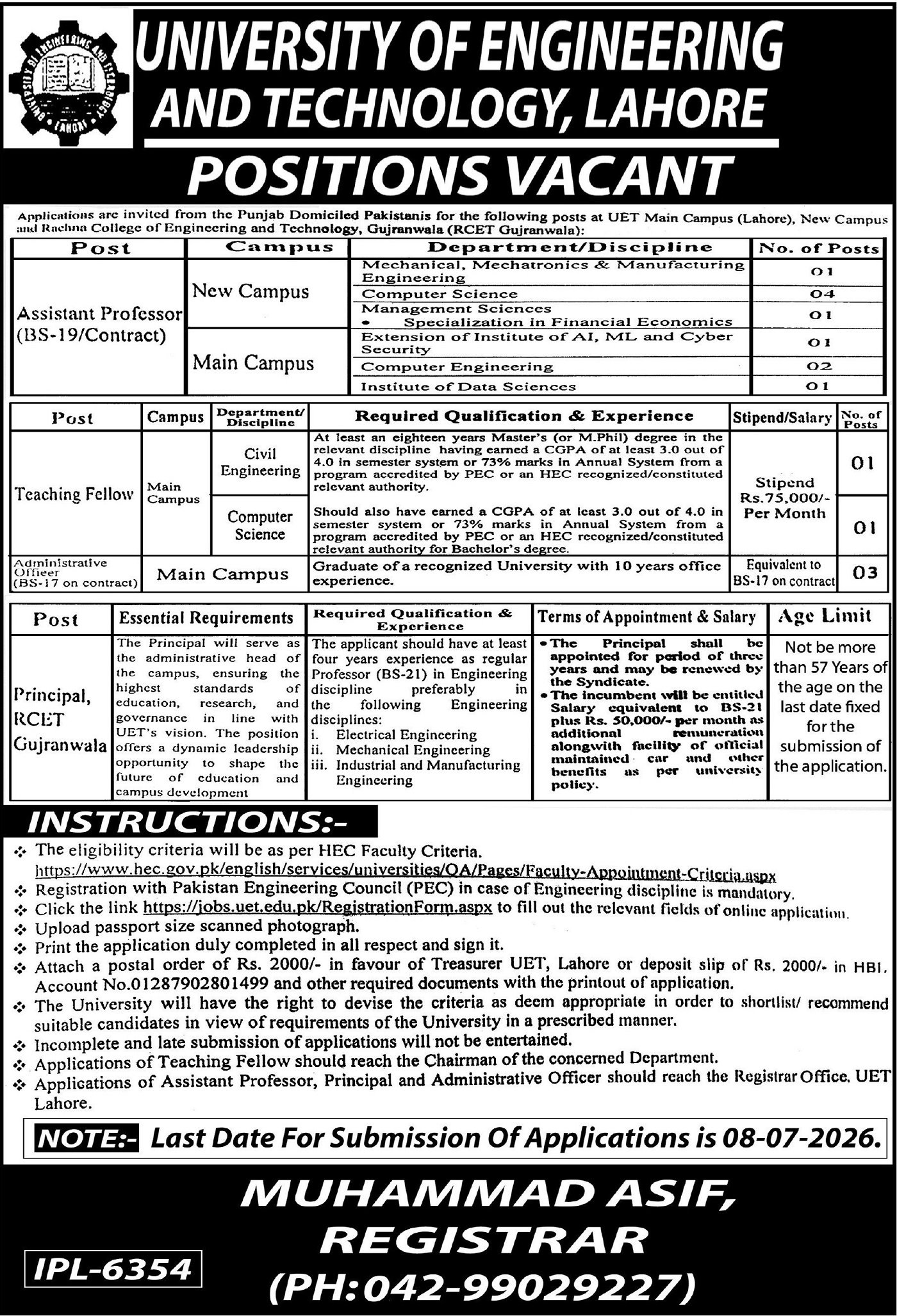 University Of Engineering & Technology UET Lahore Jobs 2026 — original advertisement
