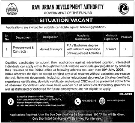 Ravi Urban Development Authority RUDA Lahore Job 2026 — original advertisement