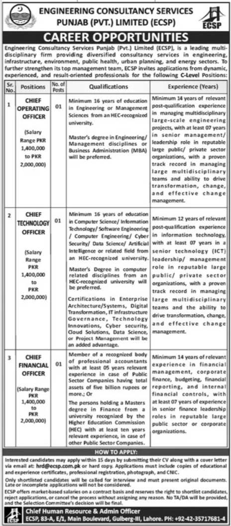 Engineering Consultancy Services Punjab ECSP Lahore Jobs — original advertisement