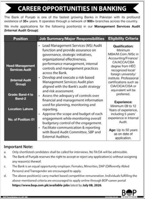 The Bank Of Punjab BOP Lahore Job 2026 — original advertisement