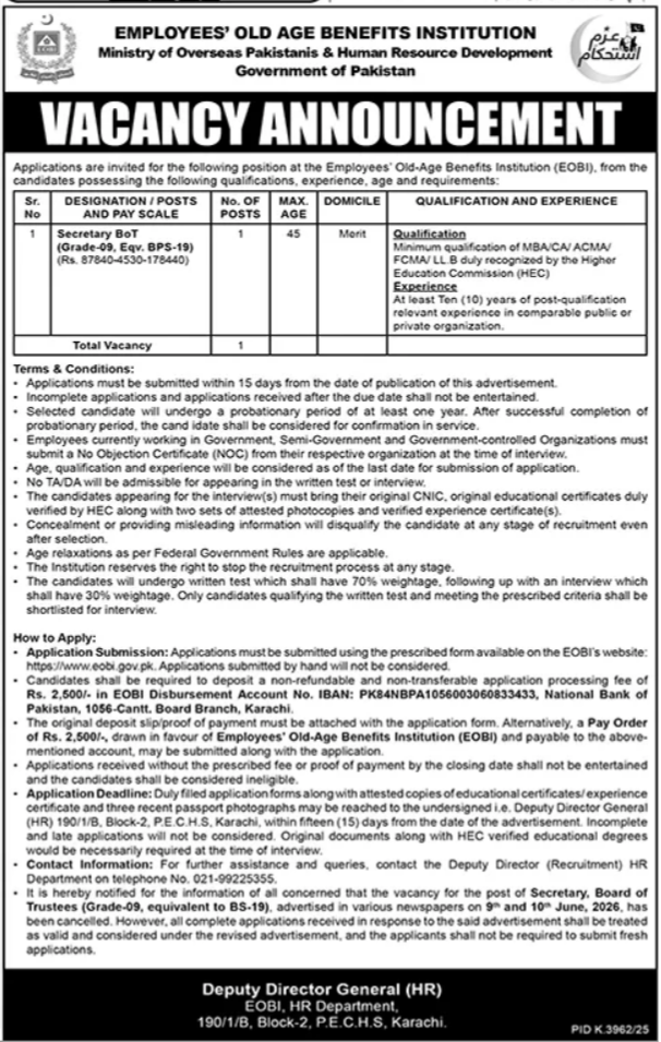 Ministry Of Overseas Pakistanis And HRD Karachi Jobs 2026 — original advertisement
