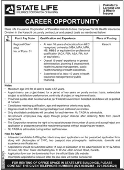 State Life Insurance Corporation Of Pakistan Job 2026 — original advertisement