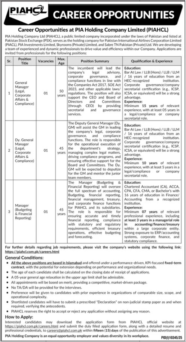 PIA Holding Company Limited Islamabad Jobs 2026 — original advertisement