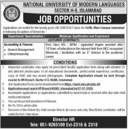National University Of Modern Languages NUML Islamabad Job — original advertisement