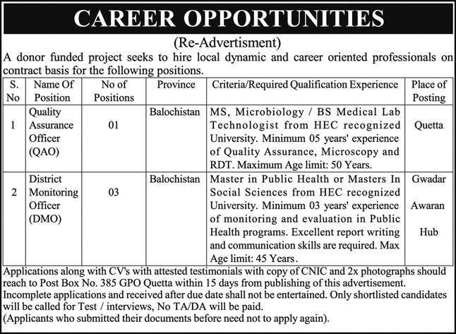 Donor funded project Balochistan Jobs 2026 — original advertisement