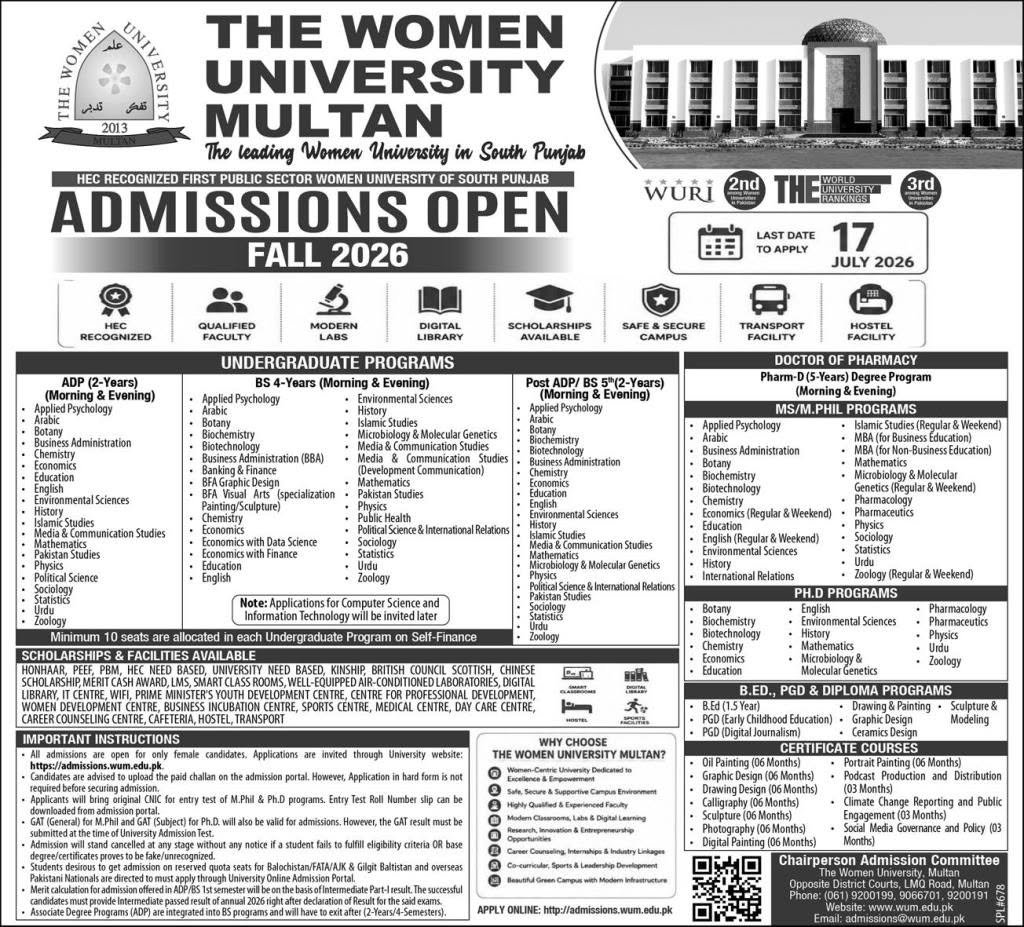 Admission Open in The Women University Multan — original advertisement