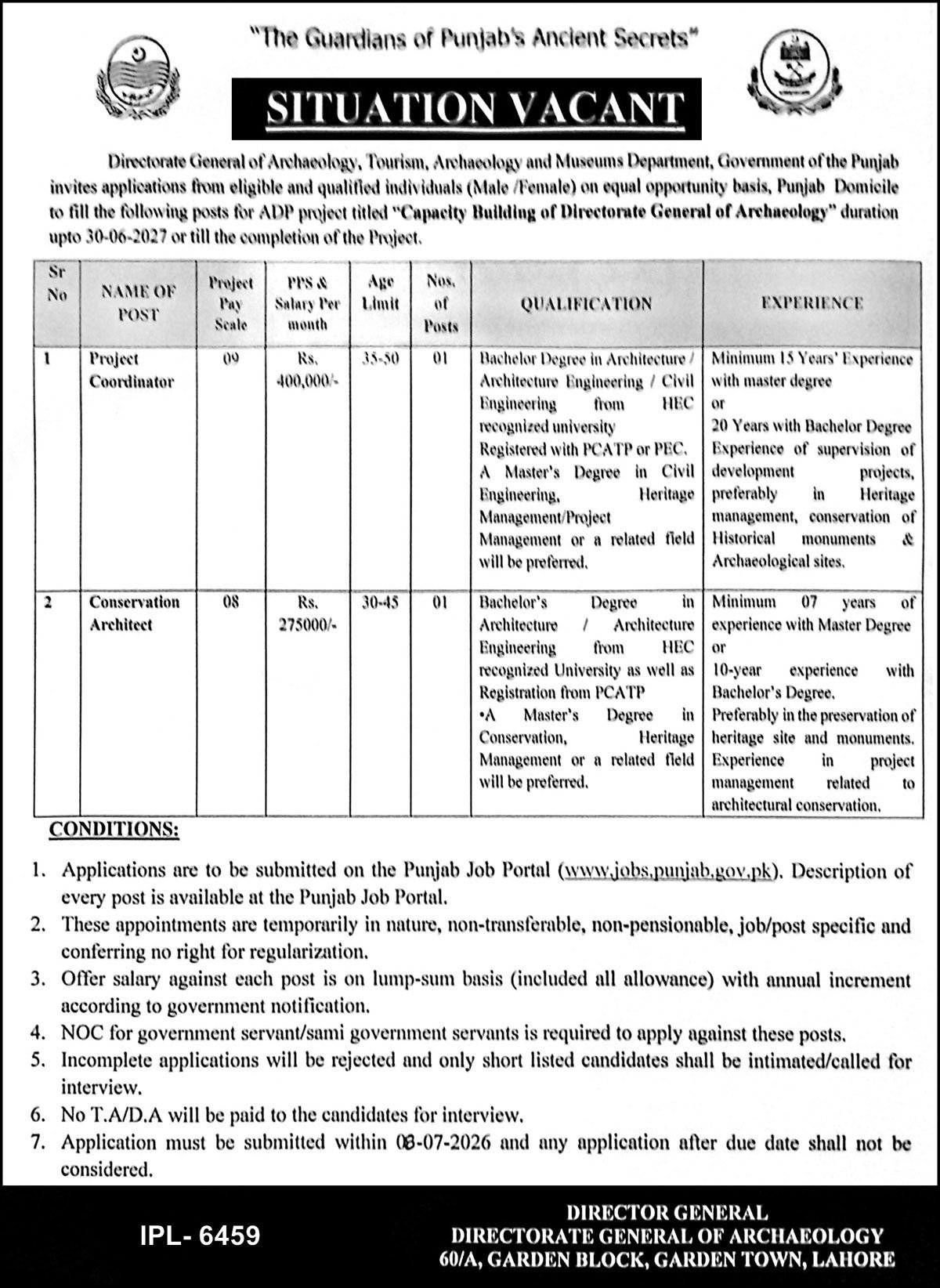 Tourism Archaeology & Museum Department Lahore Jobs 2026 — original advertisement