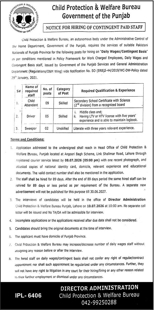 Child Protection & Welfare Bureau Lahore Jobs 2026 — original advertisement