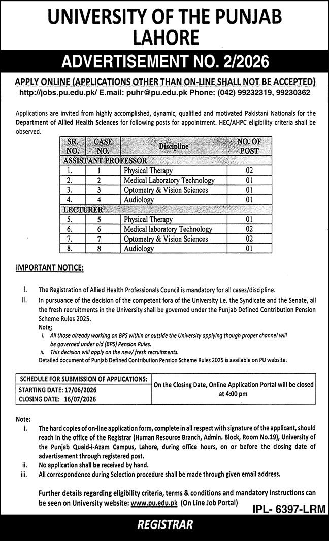 University Of Punjab UOP Lahore Jobs 2026 — original advertisement