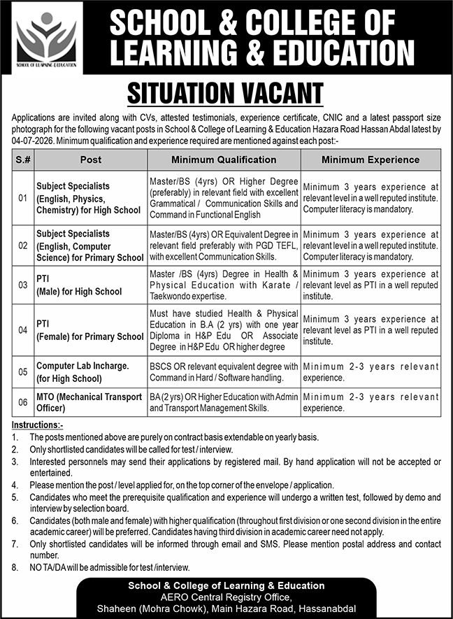 School & College Of Learning & Education Hassanabdal Jobs — original advertisement