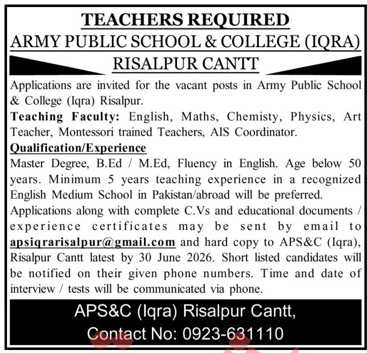 Army Public School & College Iqra Risalpur Cantt Jobs 2026 — original advertisement