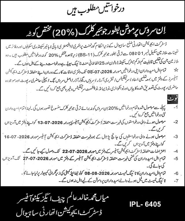 District Education Authority DEA Sahiwal Jobs 2026 — original advertisement