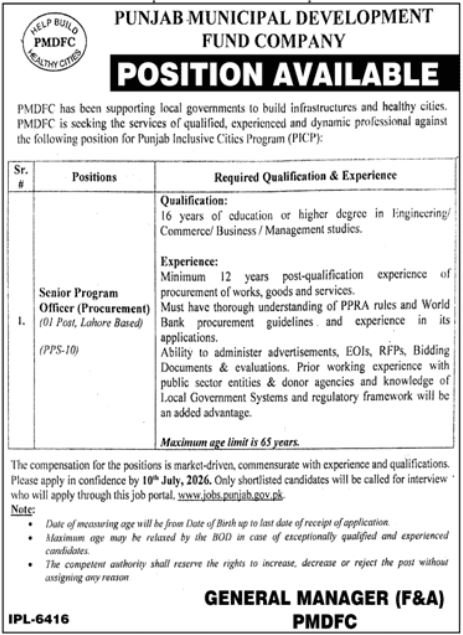 Punjab Municipal Development Fund Company PMDFC Job 2026 — original advertisement