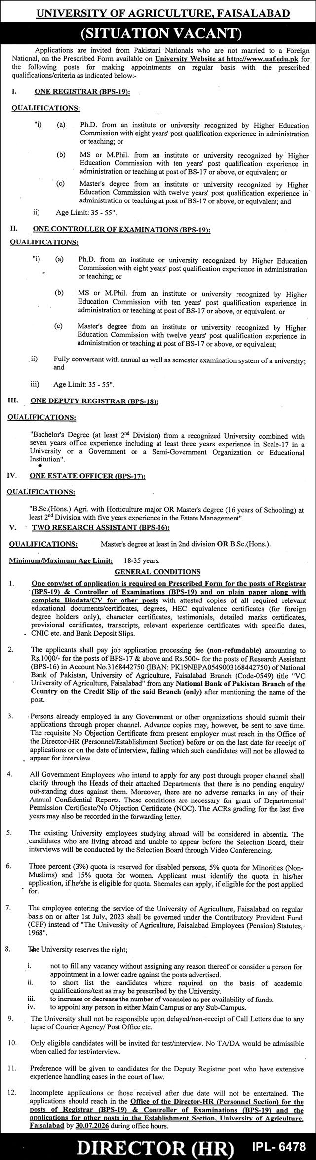 University Of Agriculture Faisalabad UAF Jobs 2026 — original advertisement