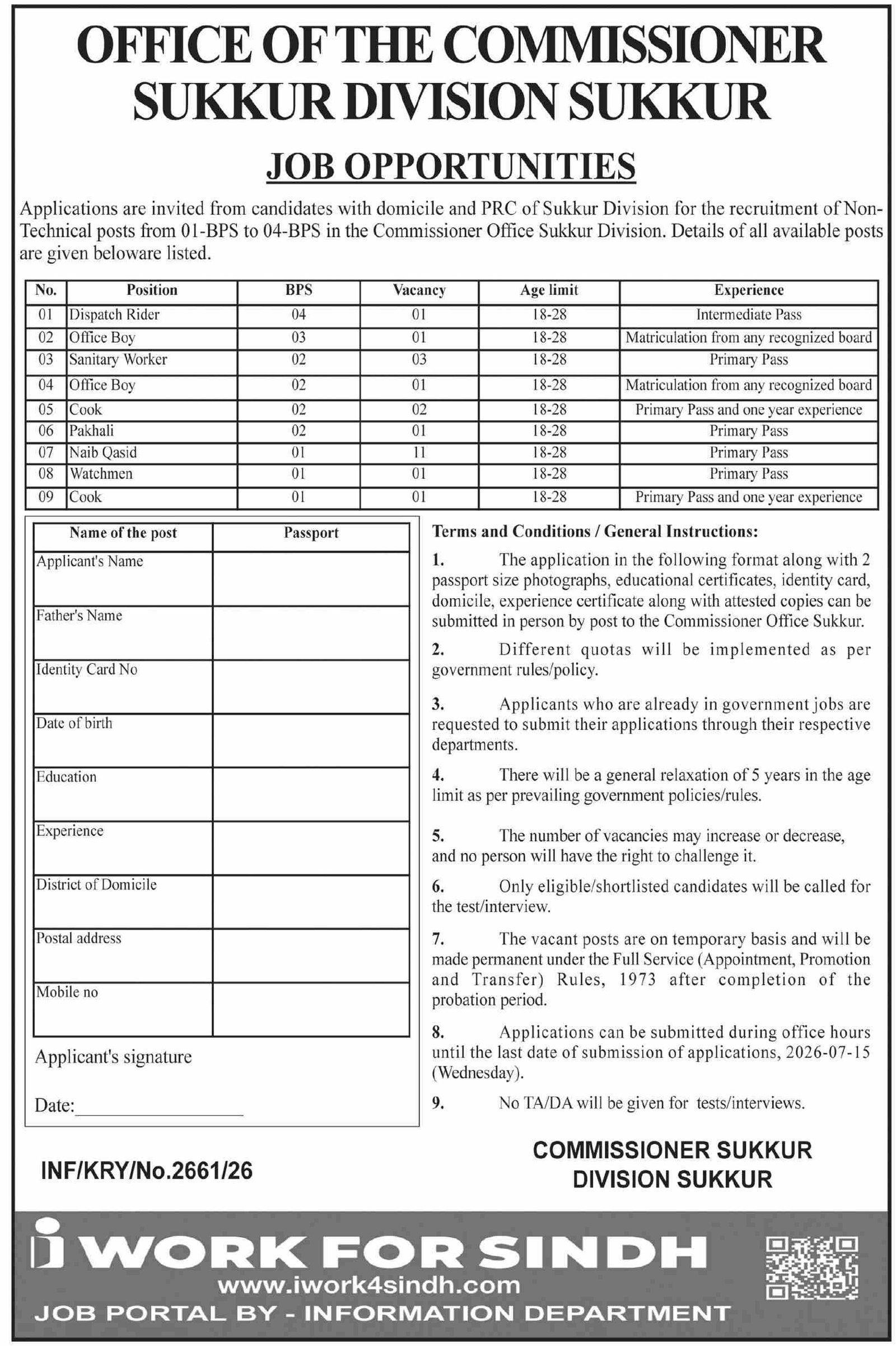 Commissioner Office Sukkur Region Jobs 2026 — original advertisement