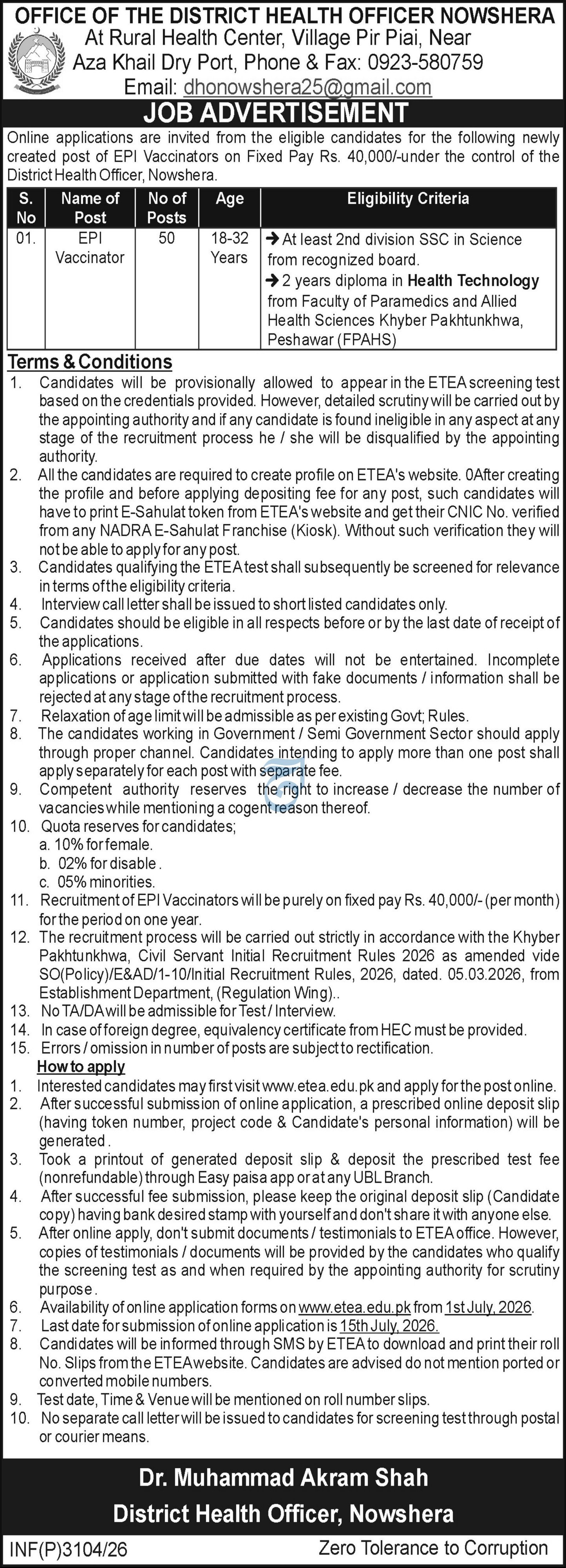 Health Department Nowshera Jobs 2026 — original advertisement