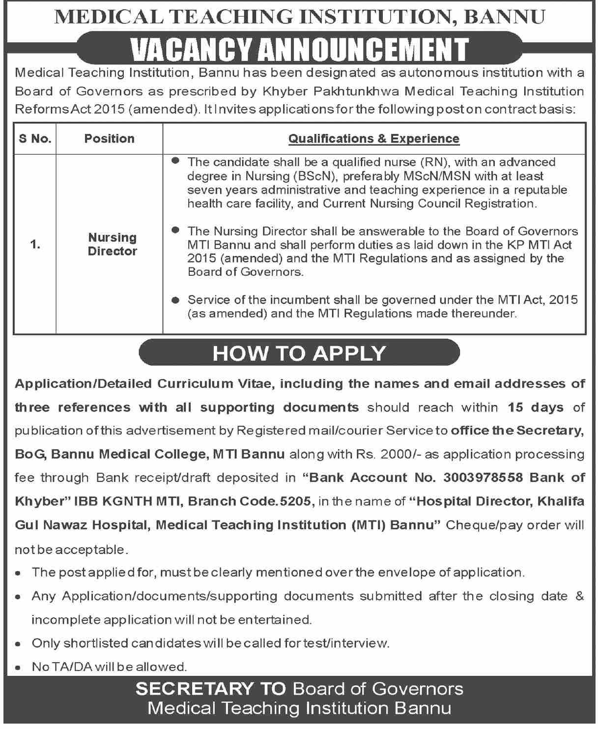 Khalifa Gul Nawaz Teaching Hospital MTI Bannu Jobs 2026 — original advertisement