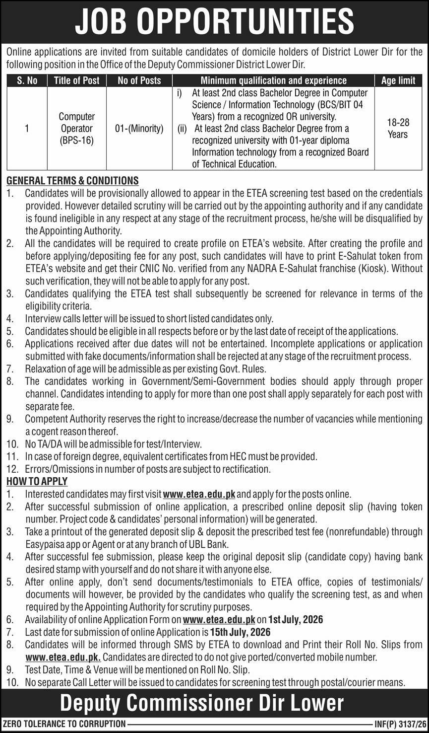 Deputy Commissioner DC Dir Lower Jobs 2026 — original advertisement
