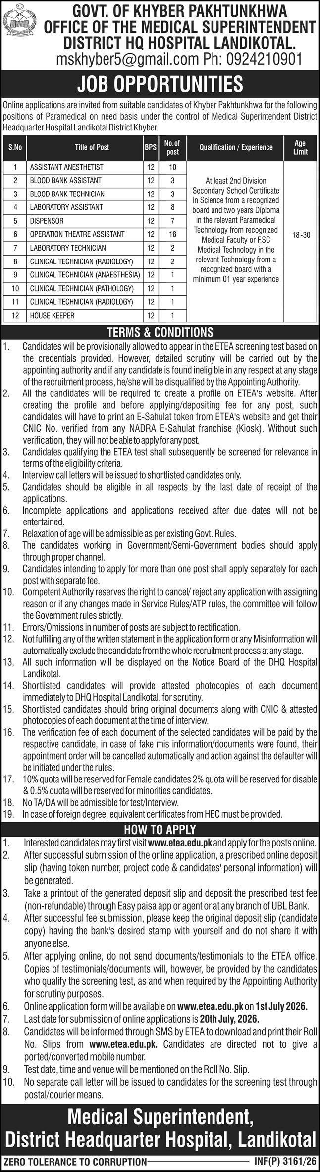 District Headquarter Hospital DHQ Landikotal Jobs 2026 — original advertisement