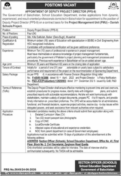School Education Department Quetta Job 2026 — original advertisement